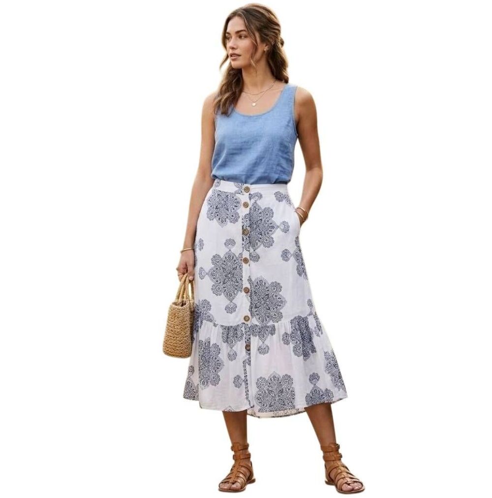 Mlle Gabrielle Blue White Medallion Midi Skirt Button Front Lined XL EUC